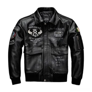 Black genuine leather gothic embroidered motorcycle jacket front flat lay view with tactical patches and zipper sleeve pockets