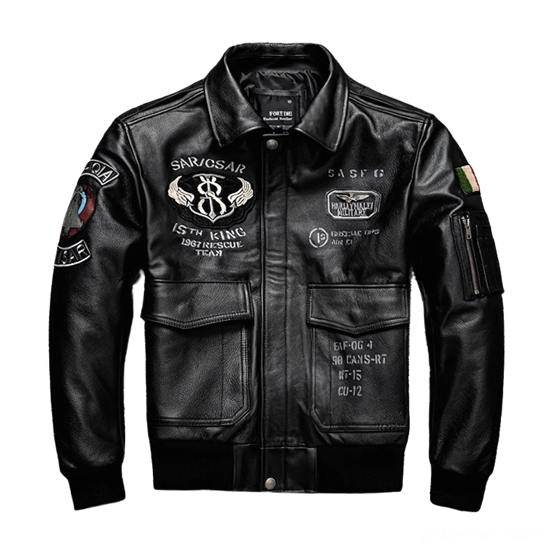 Black genuine leather gothic embroidered motorcycle jacket front flat lay view with tactical patches and zipper sleeve pockets