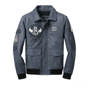 Blue genuine leather gothic embroidered motorcycle jacket front flat lay view with embroidered patches and flap chest pockets