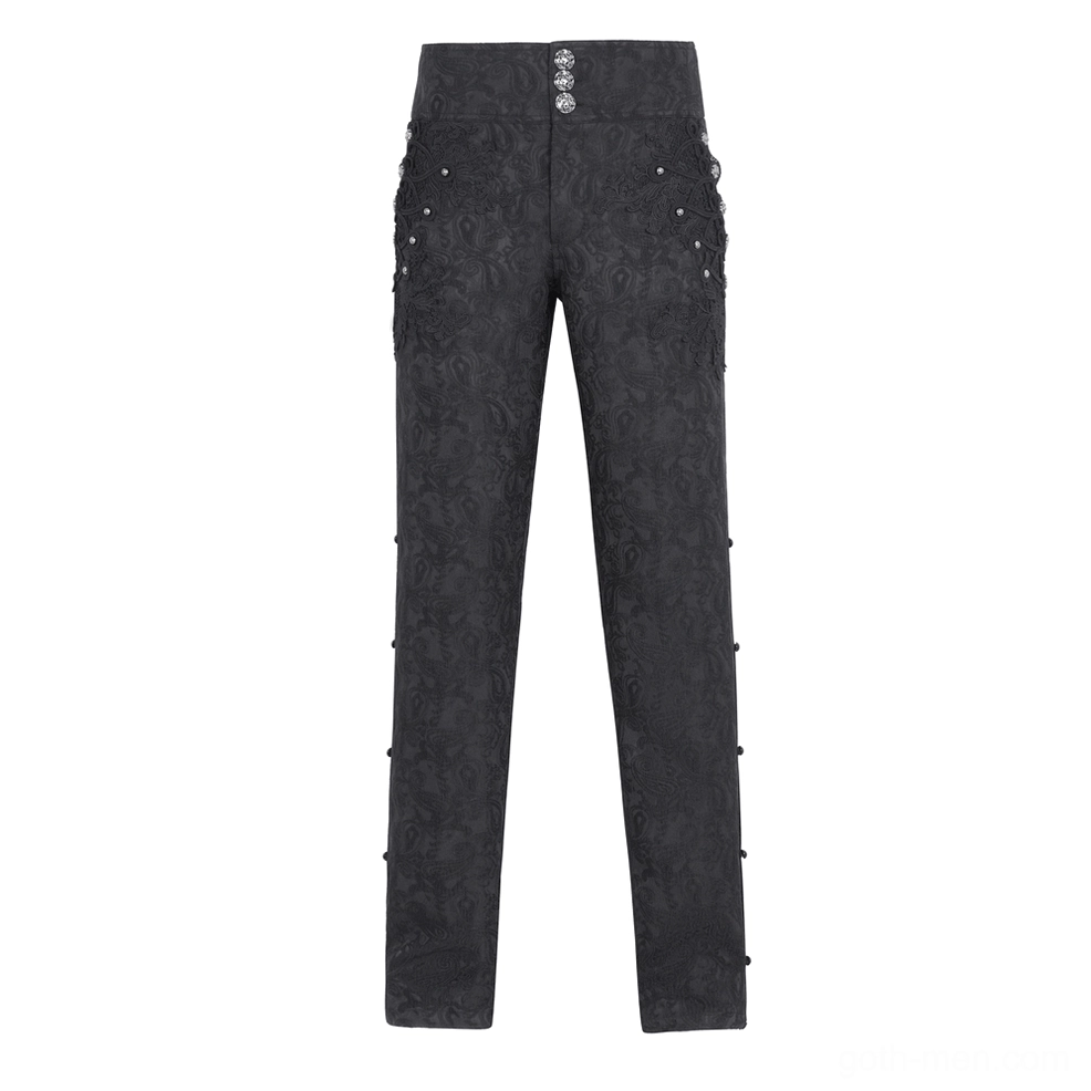 Black floral jacquard embroidered trousers flat lay front with paisley pattern and metal hardware