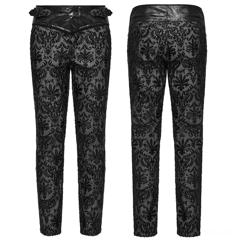 Front and rear flat lay of gothic embroidered lace trousers showing damask pattern and leather trim design