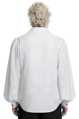Gothic embroidered loose shirt back view showing gathered yoke and paisley embroidery pattern