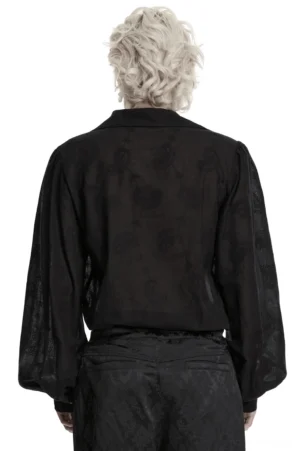 Black gothic embroidered bubble sleeve shirt - back portrait view showing all-over tonal paisley vine embroidery and loose fit silhouette