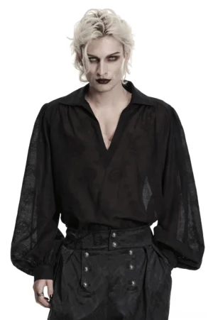 Black embroidered gothic shirt with bubble sleeves - front view worn by model, featuring deep V-neck lapel and ornate paisley embroidery on sheer fabric