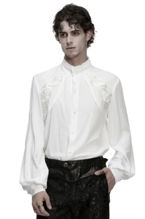 Gothic bishop sleeve white embroidered shirt front view with ruffled collar and puff sleeves on male model