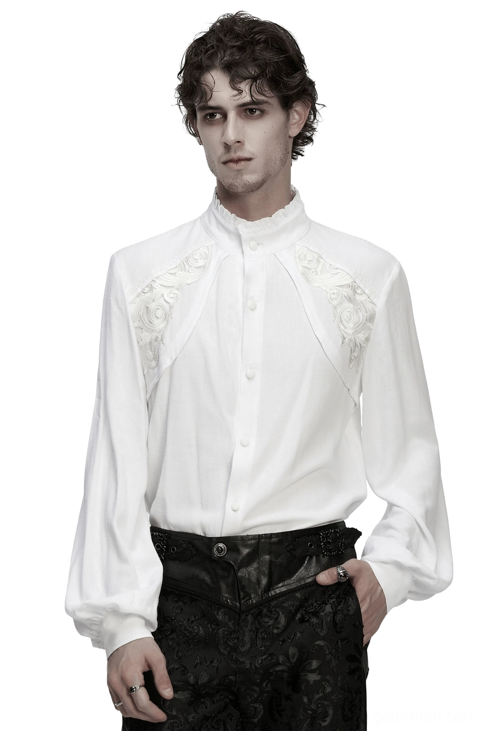 Gothic bishop sleeve white embroidered shirt front view with ruffled collar and puff sleeves on male model