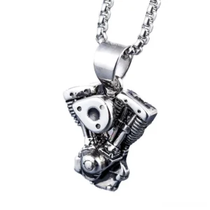 Motorcycle engine pendant side oblique angle, vintage stainless steel industrial jewelry, mechanical detail close-up