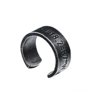 Black vintage finish coordinate engraving ring, front angled perspective showing precision-etched text detail
