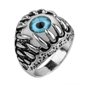 Gothic dragon claw evil eye ring with blue resin eye, silver alloy frame, frontal close-up view