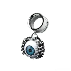 Single blue eye ear tunnel with detailed silver metallic frame and resin eyeball pendant, side-front perspective