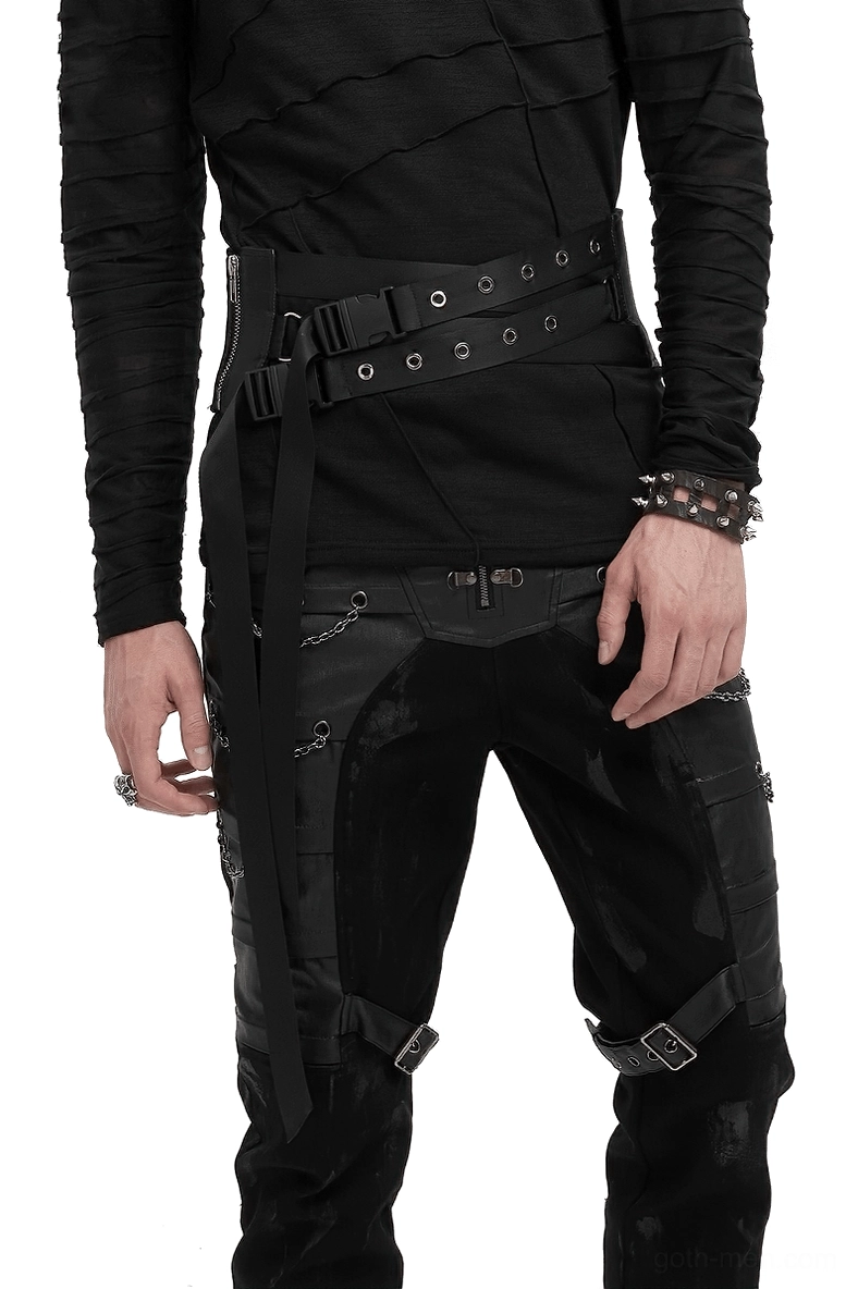 Male model wearing black gothic decussate eyelet buckle corset belt in front three-quarter view, paired with all-black alternative outfit