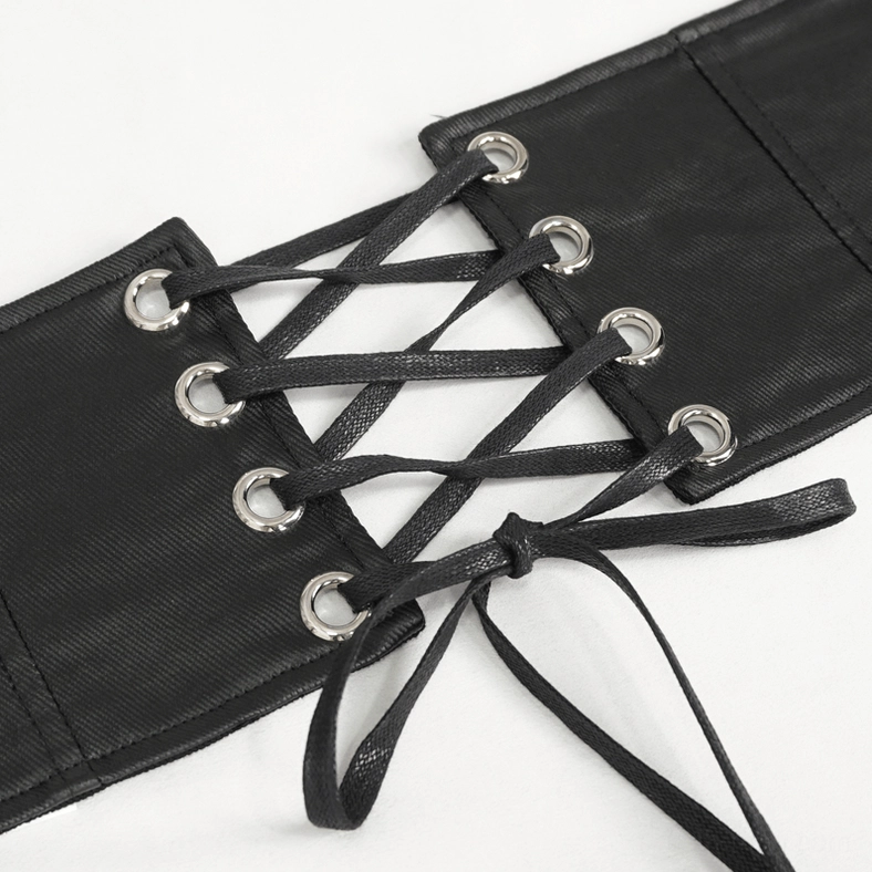 Alternative view of black gothic decussate eyelet buckle corset belt showing overall construction and adjustable design