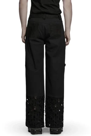 Black punk cargo pants back view full-body fit, displaying back pockets and mesh ankle distressing details