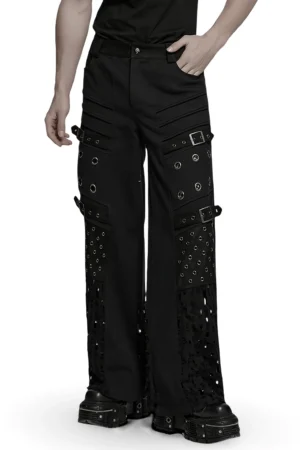 Black gothic eyelet cargo pants front view full-body fit on model, showcasing metal grommet panels on thighs and mesh cutout lower legs