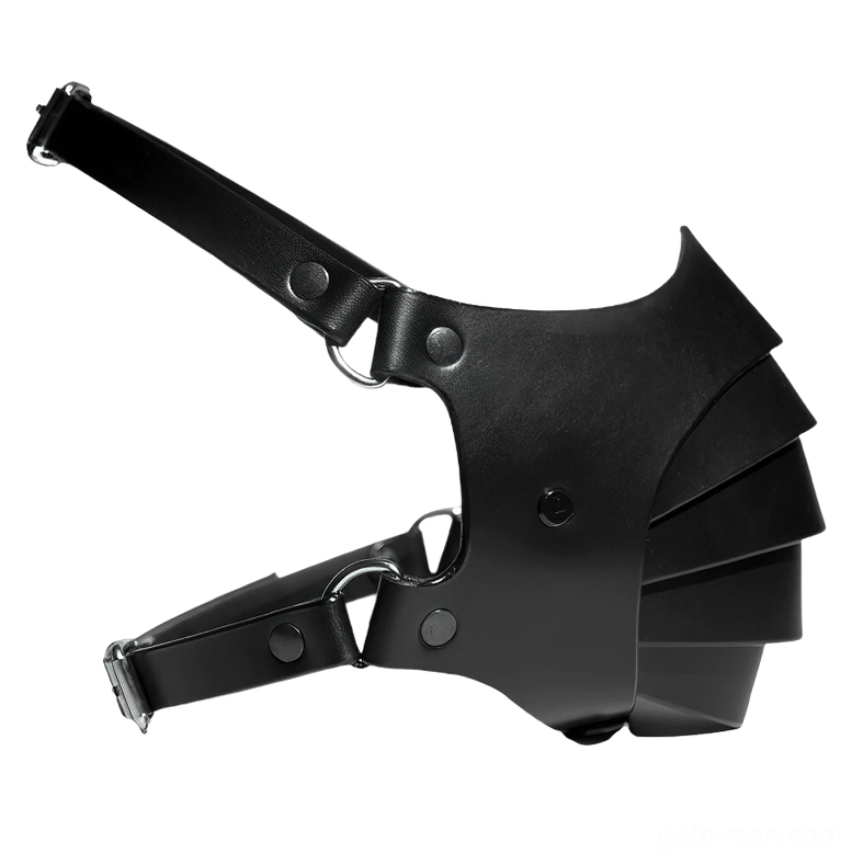 Adjustable gothic leather mask flat lay displaying metal buckles, D-ring fasteners, and layered strap design