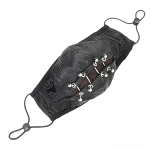 Cyberpunk style face mask side oblique angle displaying metal piercing decorations and adjustable ear straps on black wrinkled fabric