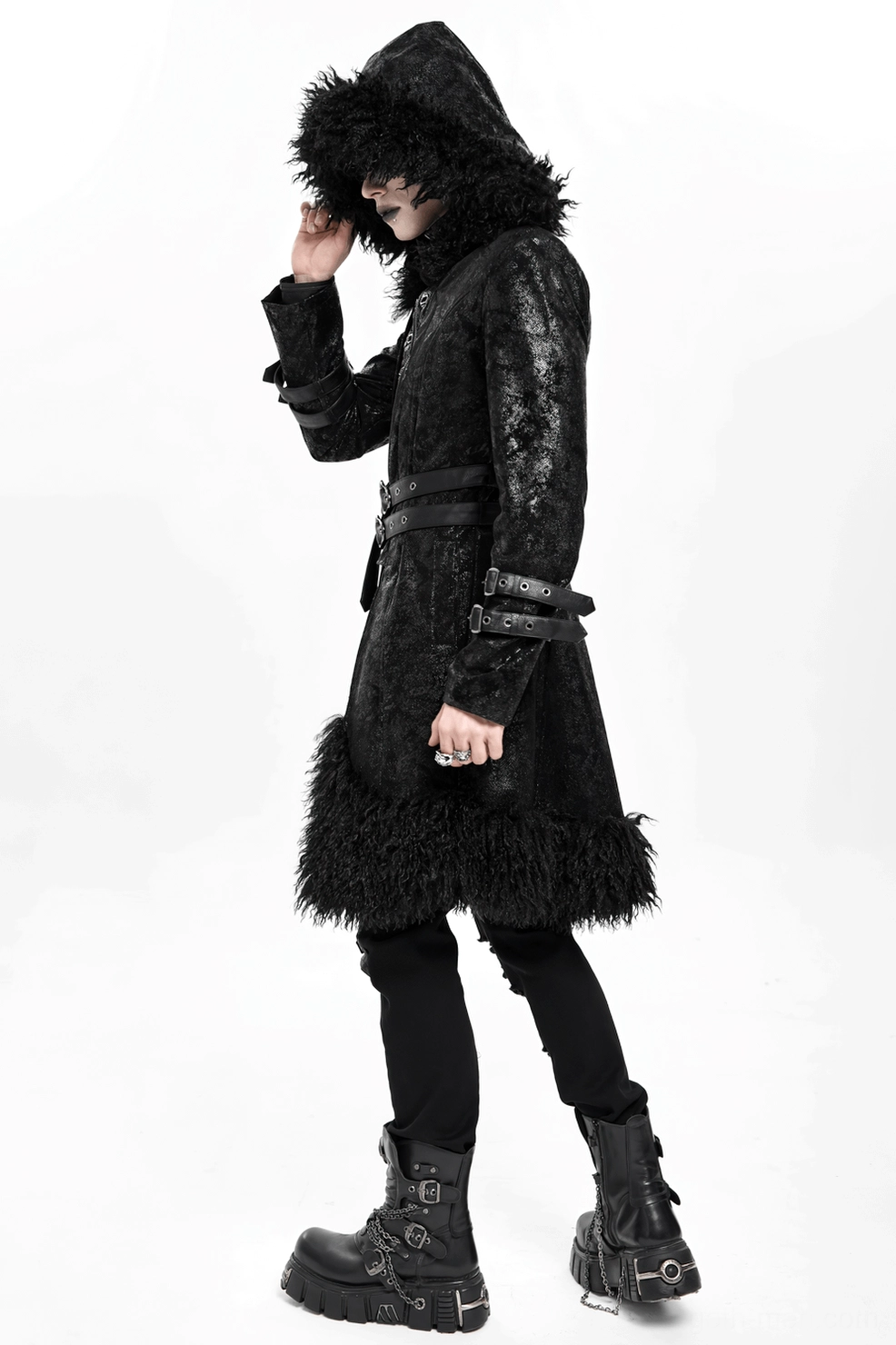 Gothic faux fur trench coat front view with faux leather cracking effect, waist belt and artistic texture finish