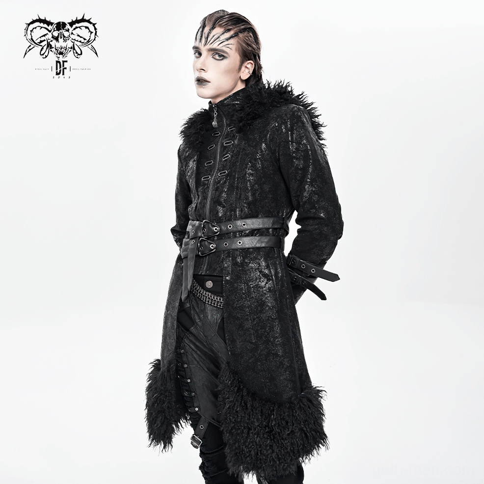 Three-quarter view of black gothic faux fur trench coat with fitted silhouette and dramatic hood design on mannequin