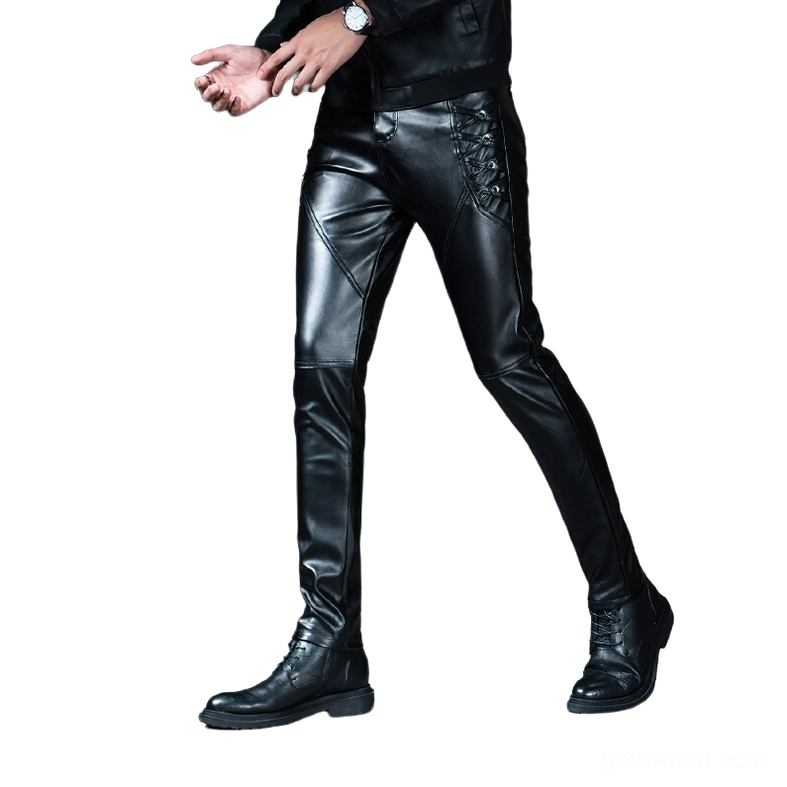 Gothic skinny faux leather biker pants with front lace-up detailing, side profile view showing slim bodycon fit and industrial hardware