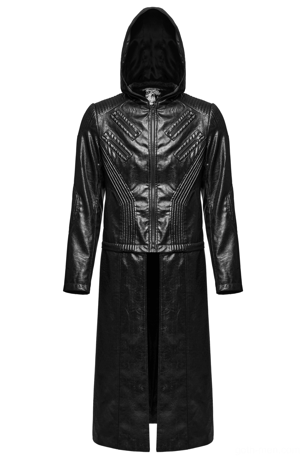 Men's black gothic hooded faux leather jacket single flat front view with diagonal zippers and quilted torso architectural details