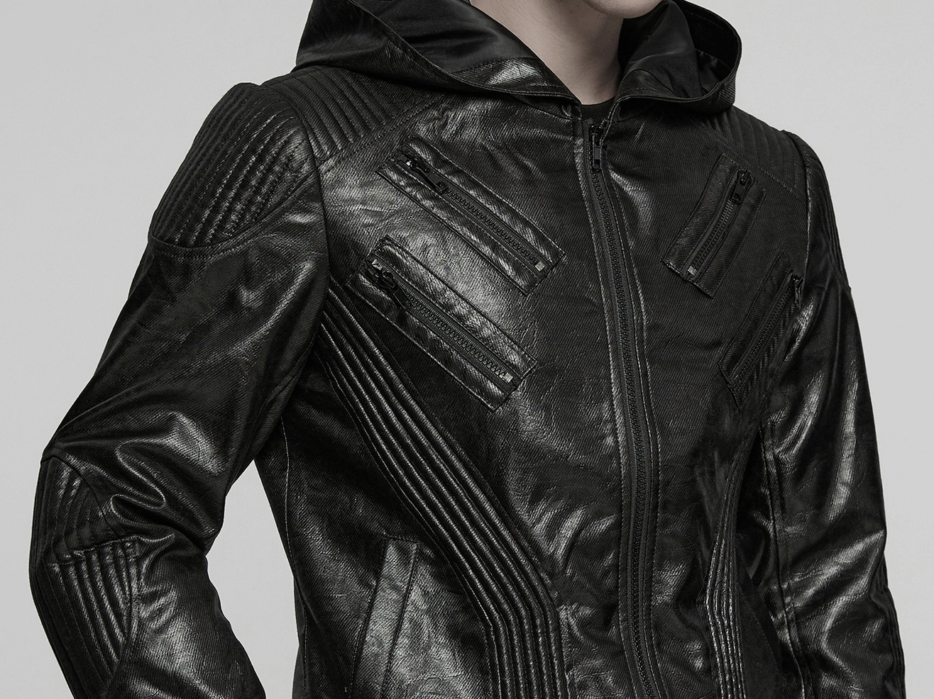 Men's black gothic hooded faux leather long jacket detail view showcasing premium synthetic leather material and construction