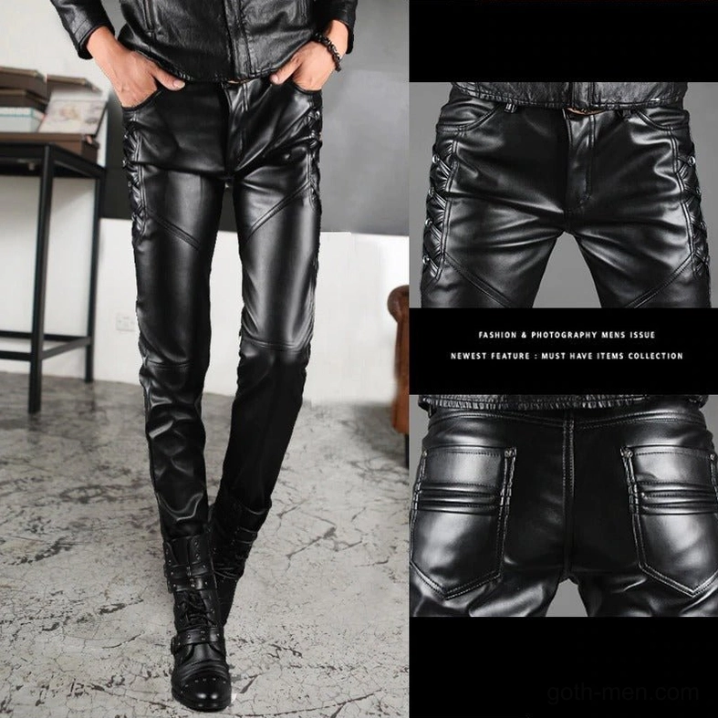Black gothic faux leather pants close-up details showing side lace-up and back pockets styled with biker boots