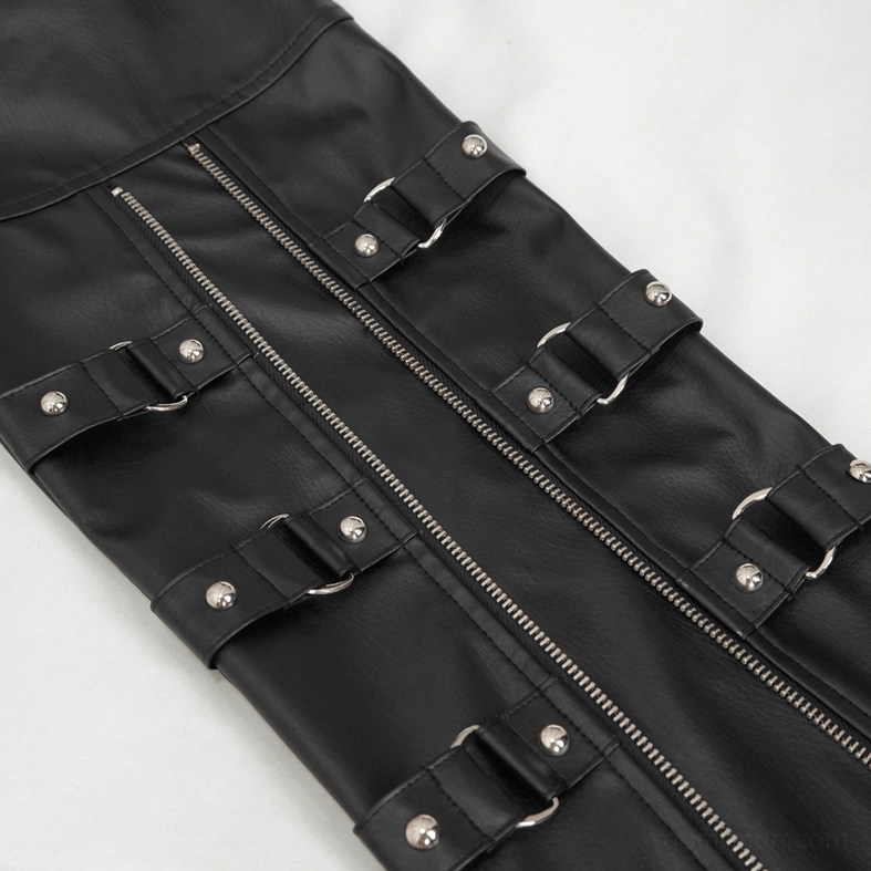 Black faux leather gothic fitted pants showing overall silhouette with all structural details visible for size reference