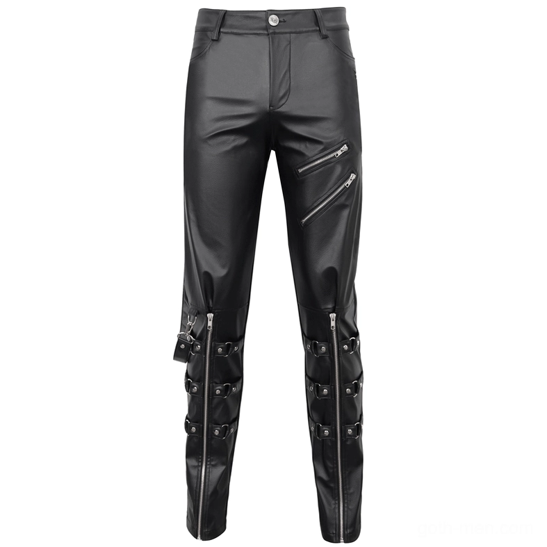 Matte black synthetic leather gothic pants with knee zippers and diagonal zipper pockets shown front three-quarter view