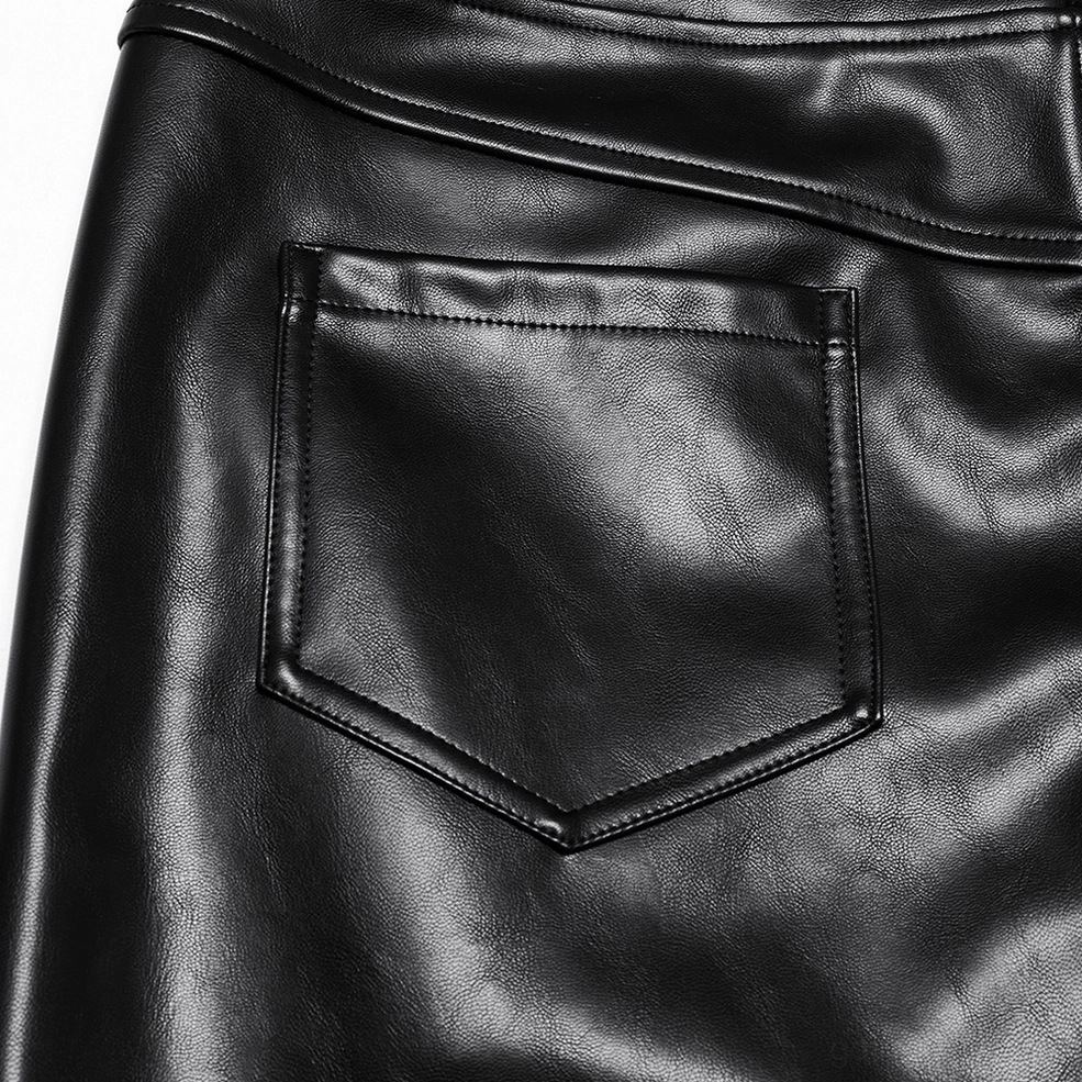 Rear patch pocket close-up detail, black faux leather with refined stitching seams and glossy finish