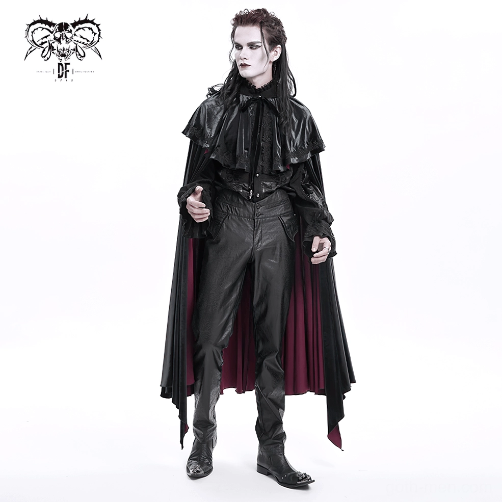 Side angle view of black gothic faux leather pants, highlighting the elegant drape and embossed surface texture