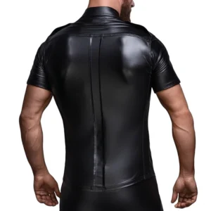 Black faux leather gothic shirt rear view showing center seam and fitted cut on male model