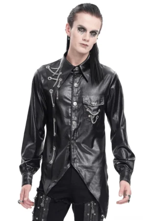 Men's black gothic faux leather shirt with asymmetric hem and chain details, front view on model
