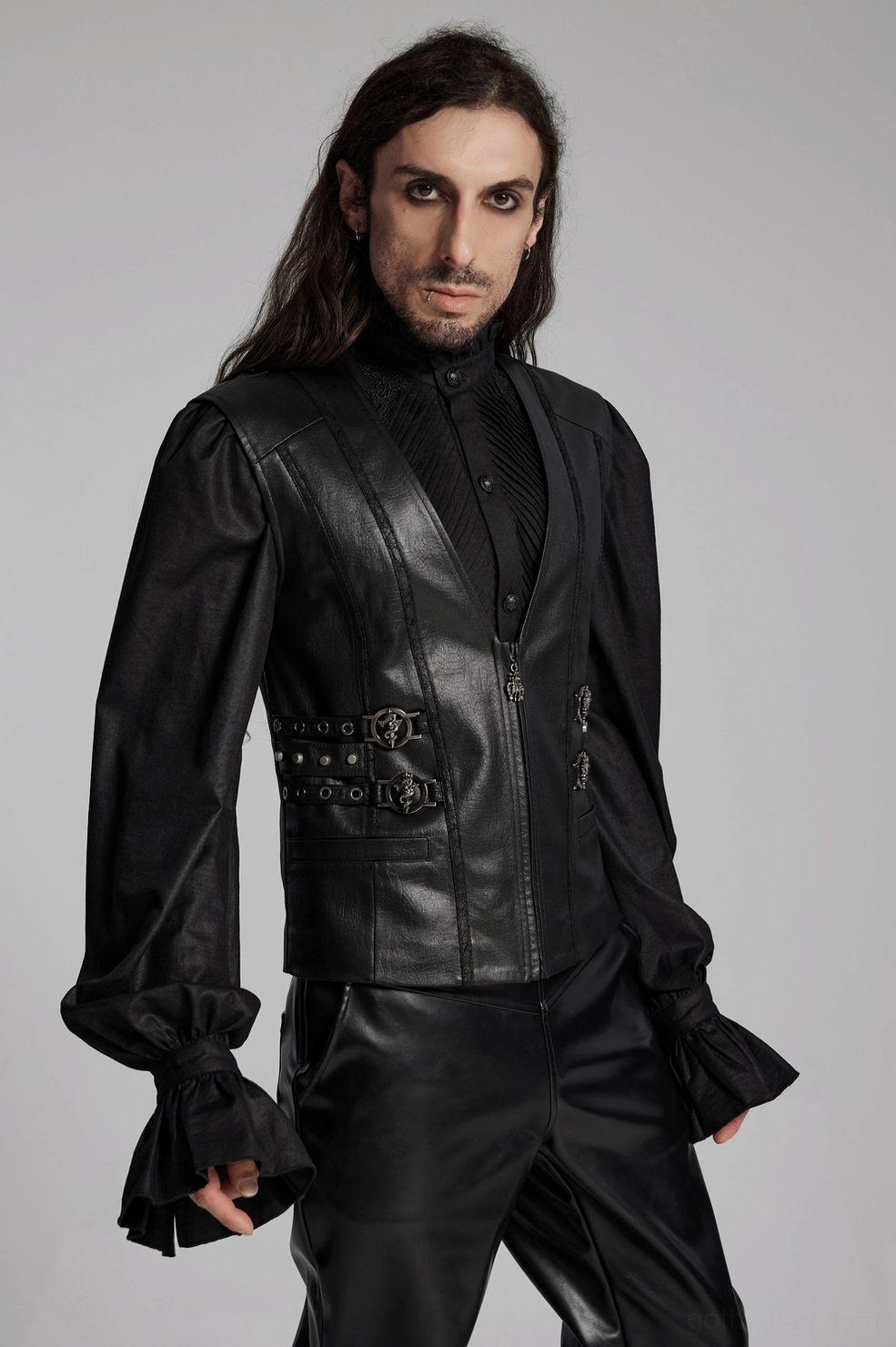 Detail shot of gothic leather vest showing texture cracking pattern and hardware authenticity