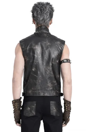 Black gothic faux leather vest with adjustable hem strap and distressed texture shown from rear angle