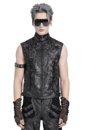Black distressed faux leather gothic vest with front zipper and lace-up sides on male model, front view studio shot