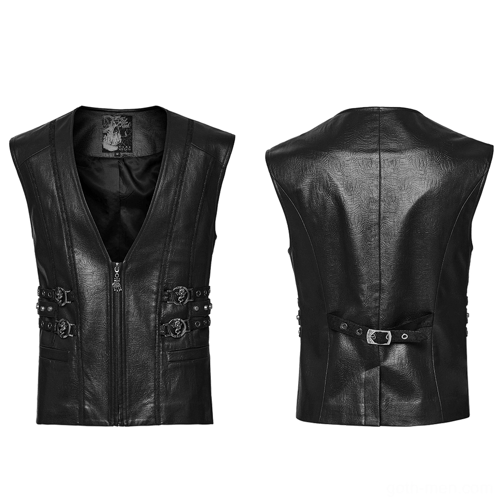 Flat lay front and back display of black studded gothic vest showing full design with snake buckles