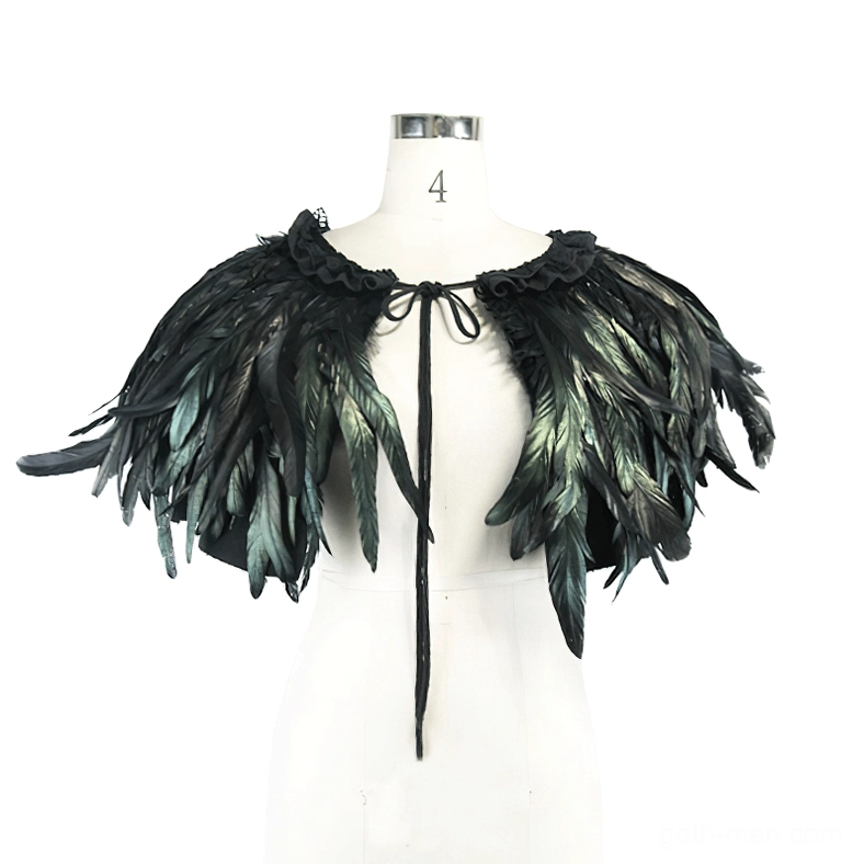 Feather shoulder capelet mannequin front view drawstring closure layered iridescent black-green raven feathers