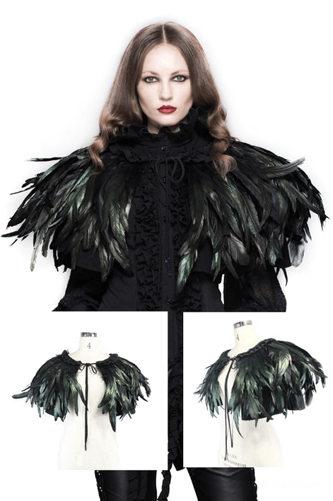 Black gothic feather capelet styled alternate angle drawer string steampunk alternative fashion