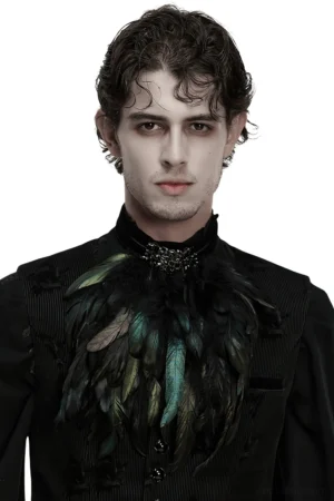 Black velvet gothic feather choker with ornate metal brooch and iridescent feathers - front close-up studio shot
