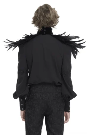 Gothic beaded feather collar neckwear rear view on male model paired with dark formal suit