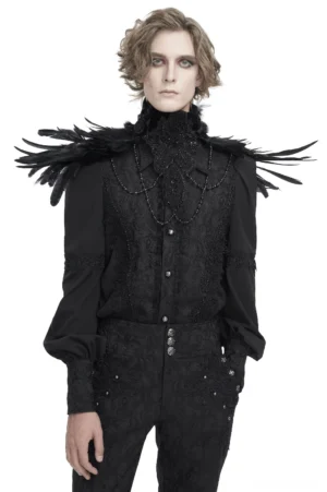 Black gothic feather collar with beaded lace and shoulder pads worn by male model, front view with white background