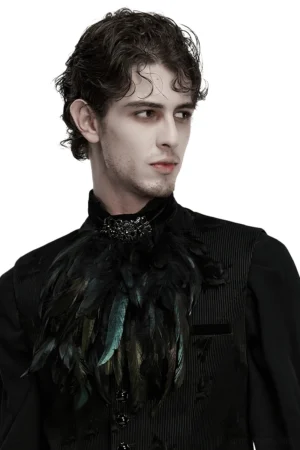 Black gothic feather neck collar worn with formal waistcoat and dark formal shirt - three-quarter side view