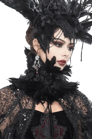 Gothic feather collar with matching flower headdress on dramatic female model, theatrical styling