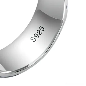 Sterling silver gothic feather ring inner side close-up - shows S925 stamp and polished smooth interior surface of authentic 925 sterling silver band