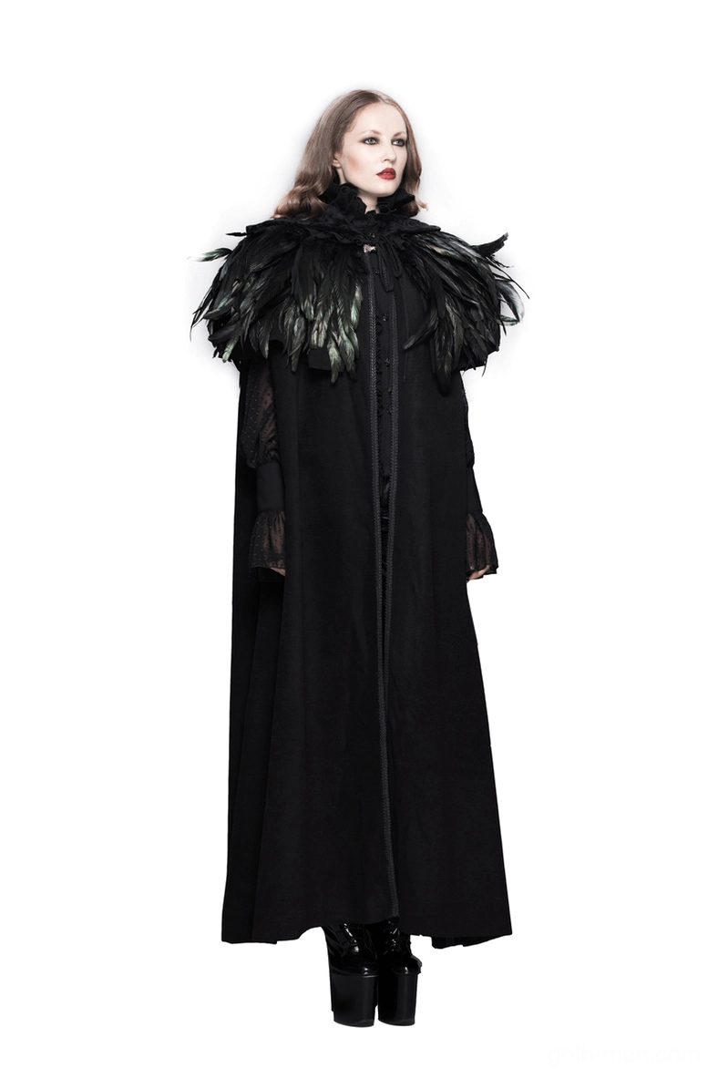 Black gothic feather shoulder cape dramatic angle layered raven feathers steampunk fashion