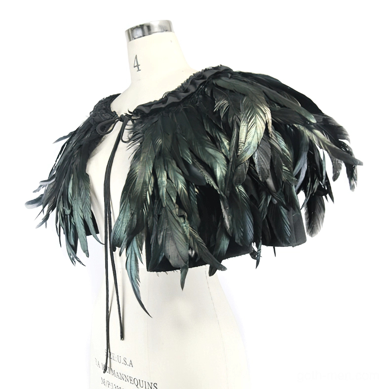 Black gothic shoulder cape front three-quarter view dense layered feathers drawstring tie closure detail