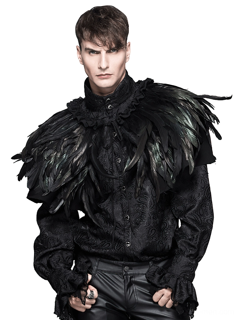 Black gothic feather capelet male model front wearing alternative steampunk outfit with raven feathers