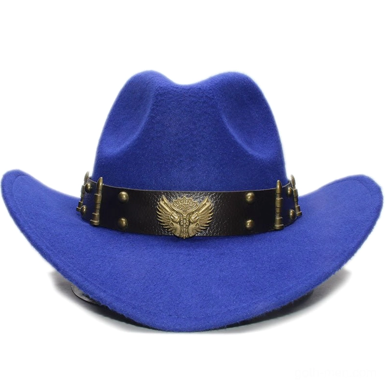 Gothic fedora hat displaying the adjustable leather band with eagle emblem and bullet stud decoration