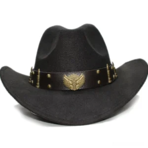 Charcoal gray wool gothic fedora with riveted leather hat band and eagle decoration, front studio shot