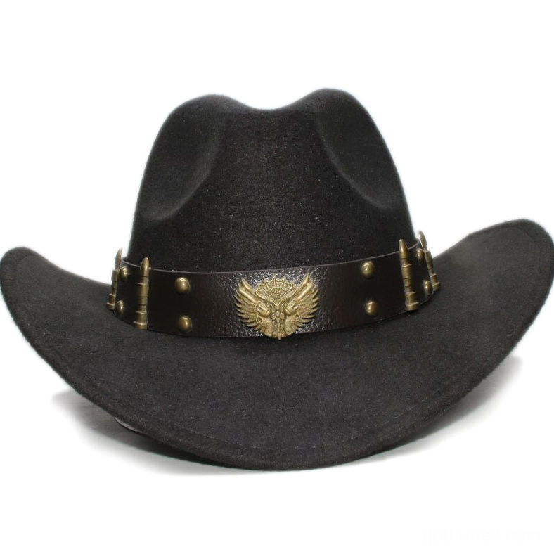 Charcoal gray wool gothic fedora with riveted leather hat band and eagle decoration, front studio shot